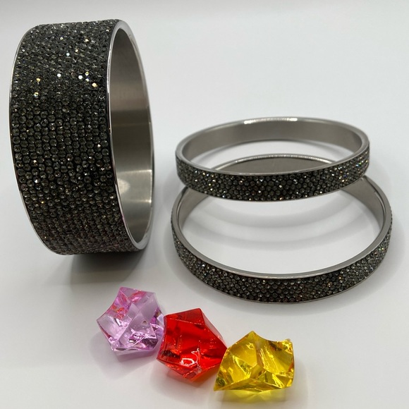 Crystal Bangle Bracelets, Set of Three, Gunmetal, 7.5” - Picture 2 of 5